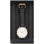 Black leather unisex analog wristwatch for men, women, boys, and girls with quartz movement.