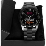 Customized black chain watch for men with engraved name on round dial and stainless steel strap