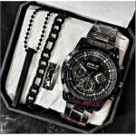 Pack of 4 men’s business watch set with chain bracelet, heartbeat ring, and 3D bar stick locket – stylish black accessories for men