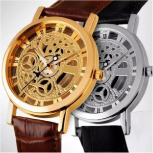 Skeleton gold watch for men with transparent dial and brown PU leather strap – front and side view.