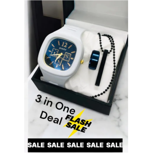 3 in one Watch sale for Men / Boys - Stylish Analog Mens Watches/ Steel Bracelet/ And Beautiful Gift Design Stylish Diamond Ring, Sport watch Big Square Dial Rubber Strap Watch,braclet and Diamond Ring