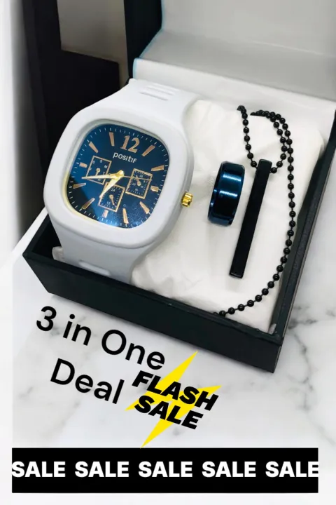 3 in one Watch sale for Men / Boys - Stylish Analog Mens Watches/ Steel Bracelet/ And Beautiful Gift Design Stylish Diamond Ring, Sport watch Big Square Dial Rubber Strap Watch,braclet and Diamond Ring