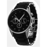 Sportive men's chronograph watch with black matte leather strap and stainless steel case