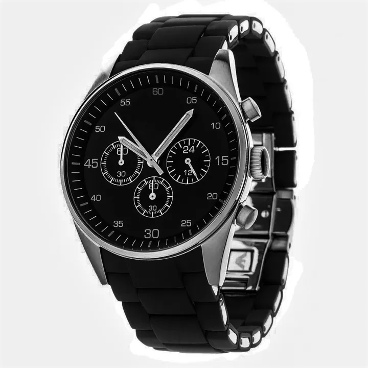 Sportive men's chronograph watch with black matte leather strap and stainless steel case